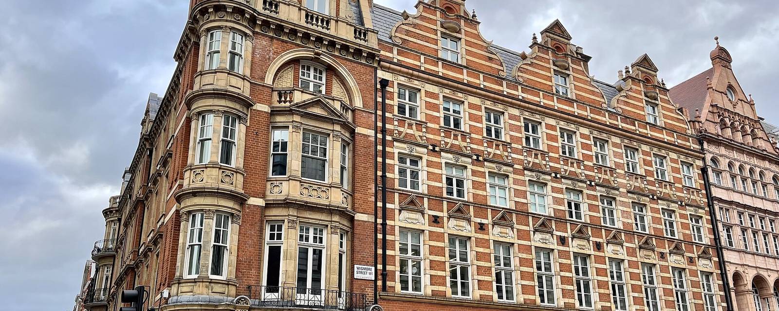 Victorian red-brick buildings on Wigmore Street, Marylebone